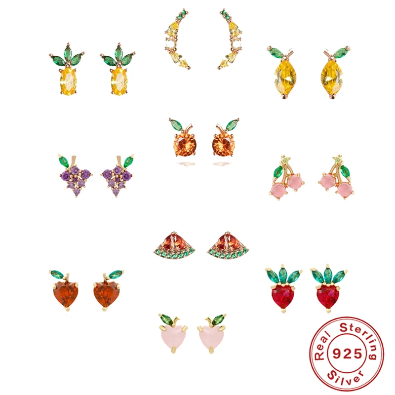 

KOJ Colorful Fruit Earring Silver 925 Cherry Strawberry Banana Crystal Stud Earrings For Women Girls Helix Piercing Earrings