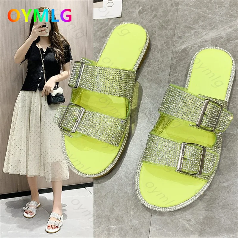 

Flat slippers women's outer wear 2021 summer new style rhinestone belt buckle sandals and slippers wholesale shoes