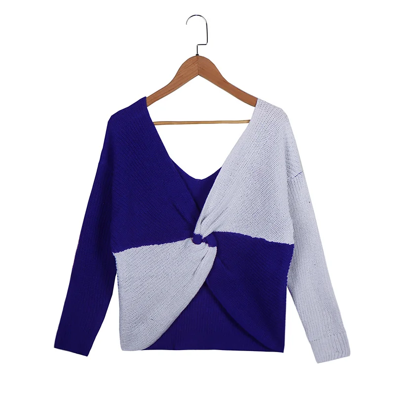 

2021 Spring Knitted Patchwork Sweaters Sexy Off Shoulder Long Sleeve Pullover Top Fashion Twist Pleated V-Neck Irregular Sweater