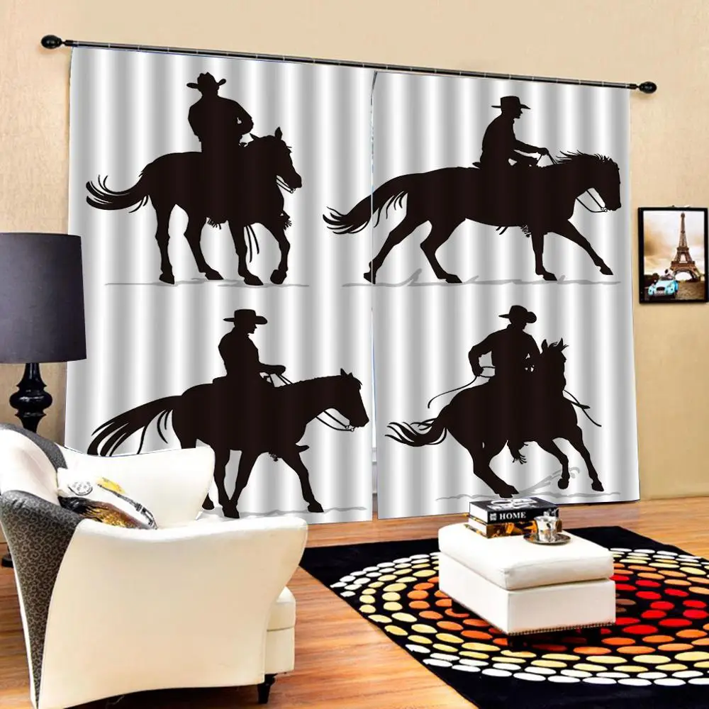 

Curtains Decoration European 3D Curtains For Living Room Blackout Black and white background animal riding Decoration Curtains