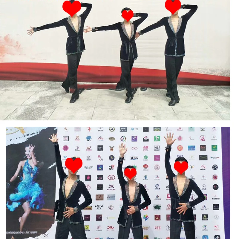 Топ для латинских танцев, бархат, нейлон, с длинным рукавом, стразы, для мальчиков, для латинских танцев, рубашки для сальсы, соревнований, одежда для выступлений, одежда DN2507