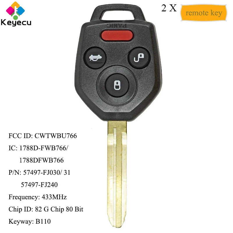 

KEYECU 2PCS Remote Control Car Key With 4 Buttons 433MHz G Chip - FOB for Subaru Forester Impreza WRX XV Crosstrek STI CWTWBU766