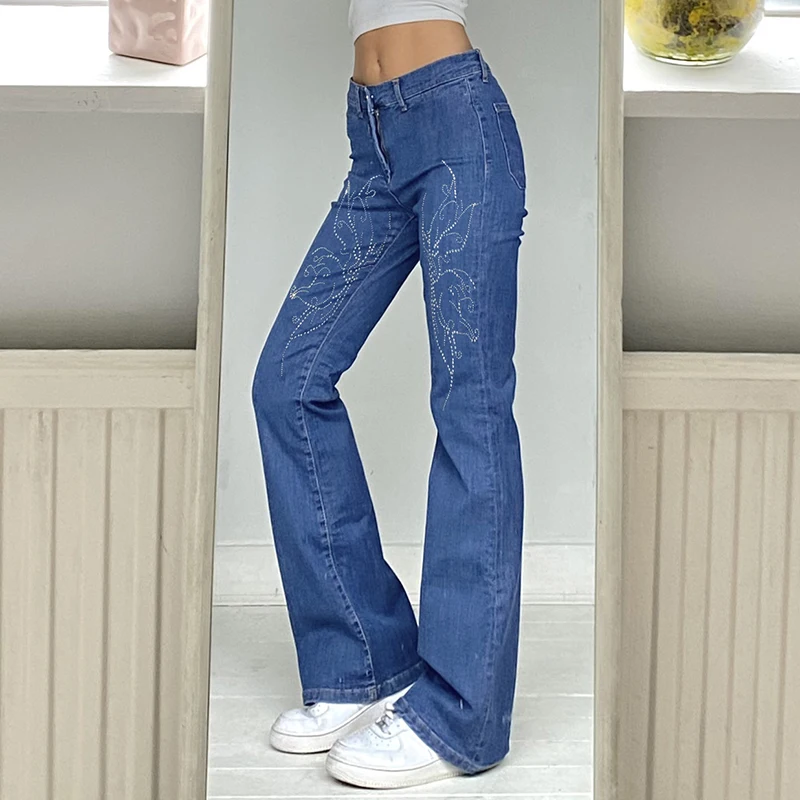 

Синие расклешенные джинсы, женские повседневные брюки с широкими штанинами, джинсовые брюки в уличном стиле, Женские однотонные свободные ...