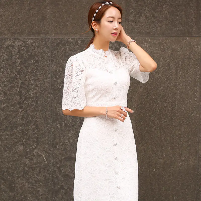 

Celebrity 2021 Summer Lace Party Dress Korean Women Single Breasted Beaded Buttons Flower Embroidery Midi Long Dresses White