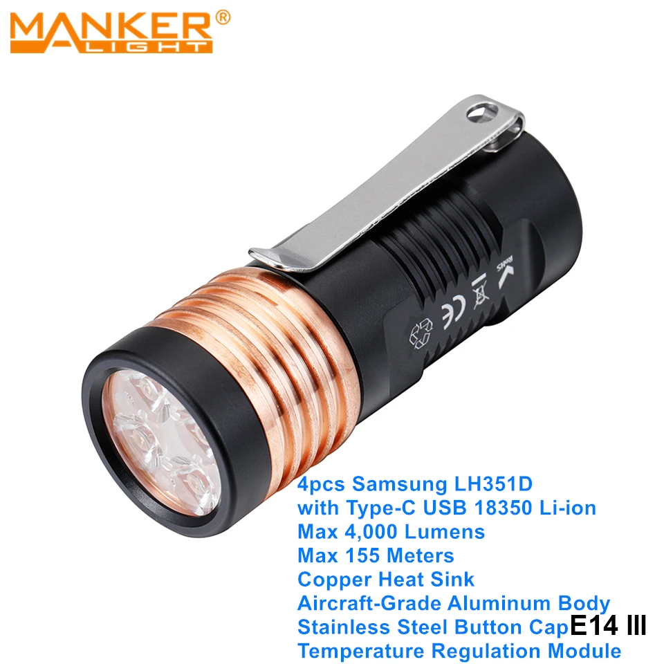 

Manker E14 III 4000 Lumens Samsung LED EDC Camping Flashlights High Power Pocket Torch Light with Rechargeable USB 18350 Battery
