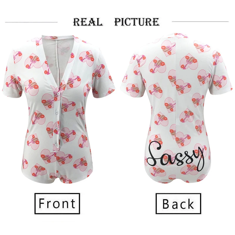 

Sweet Short Sleeve V-Neck Home Wear Bodysuits Women Summer Sexy Letter Print Slim Ladies Playsuit Casual Button Bodycon Jumpsuit