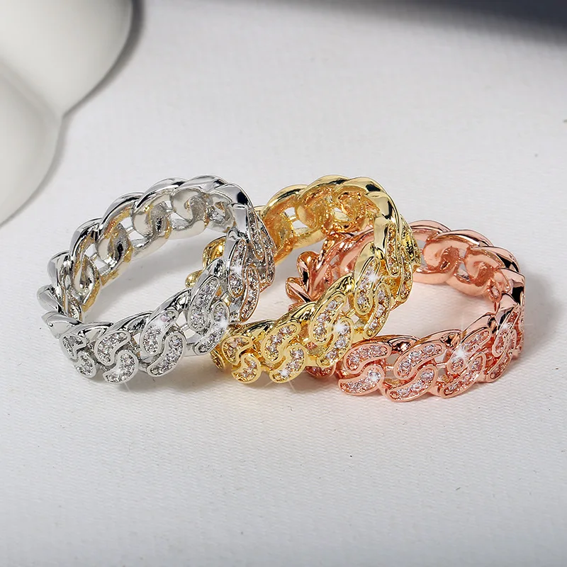 

Personalized Fashion Cuban Link Chain Ring 18K Gold Plated Bling CZ Simulated Diamond Hip Hop Ring for Men Women