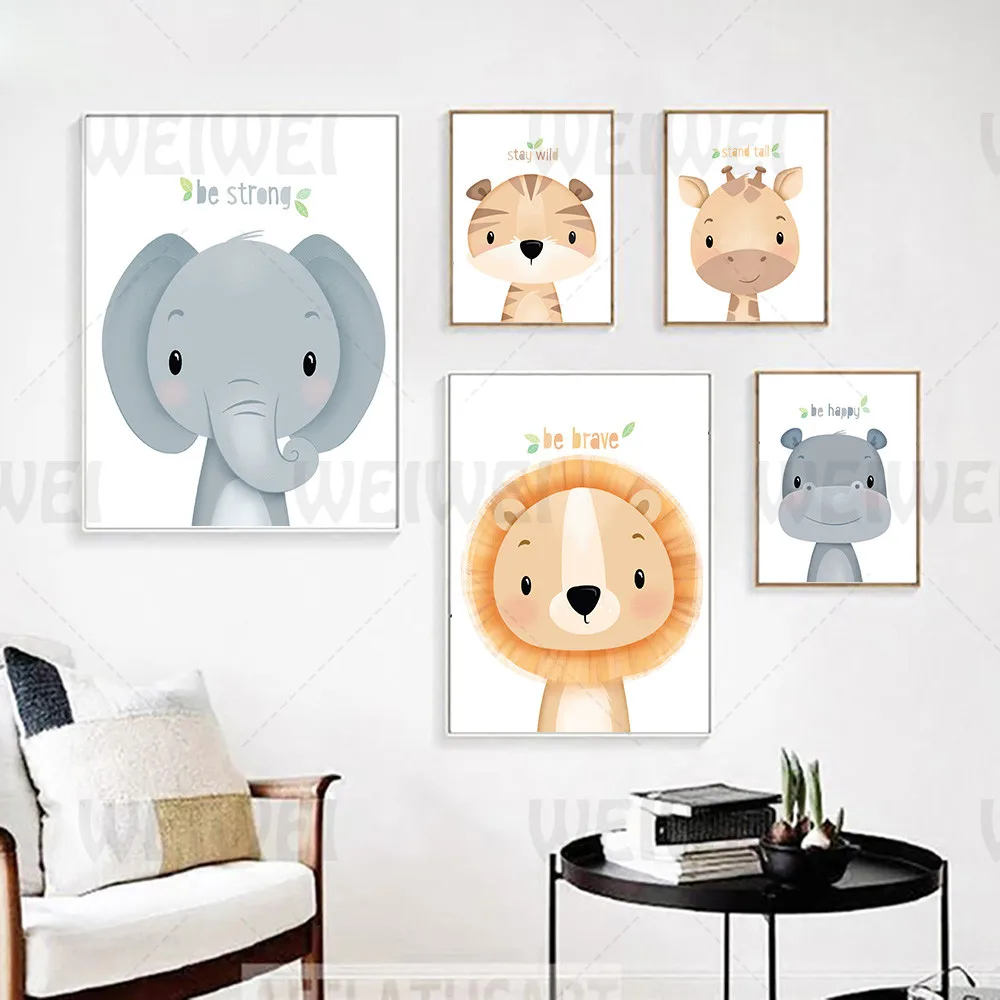 

Cartoon Cute Animal Home Decoration Painting Lion Monkey Kids Room Canvas Poster Giraffe Hippo Elephant Kids Living Room Print