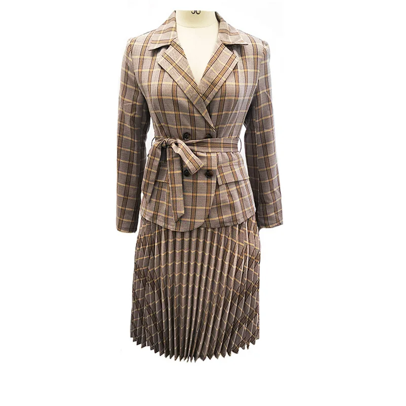Осень Новинка Комплект из двух предметов плиссированные ремень платье в клетку