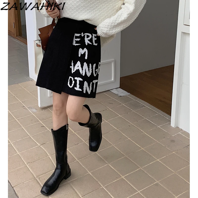 

ZAWAHIKI Mujer Faldas Letter Print A Line Vintage Falda Harajuku 2022 New Fashion Mini Skirts Elegant All-match A Line Y2k Skirt