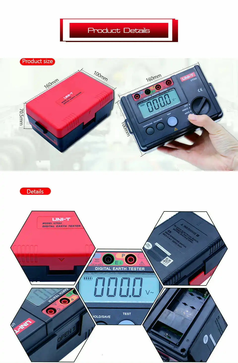 UNI-T UT521 цифровой земли Groud Тестер LCD подсветка Напряжение измеритель 0~ 200V переменного тока 0~ 2000ohm с ручной диапазон