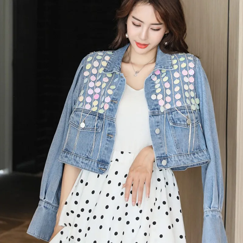 Куртка женская джинсовая с длинным рукавом блестками и кисточками весна 2021 |