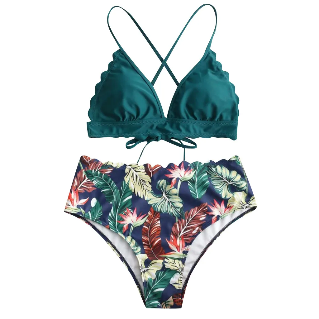 Sexy High Waisted Bikini Set Women Sexy Crisscross Back Leaf Print Bikinis Two Piece Swimsuit купальники женские 2021 Biquinis