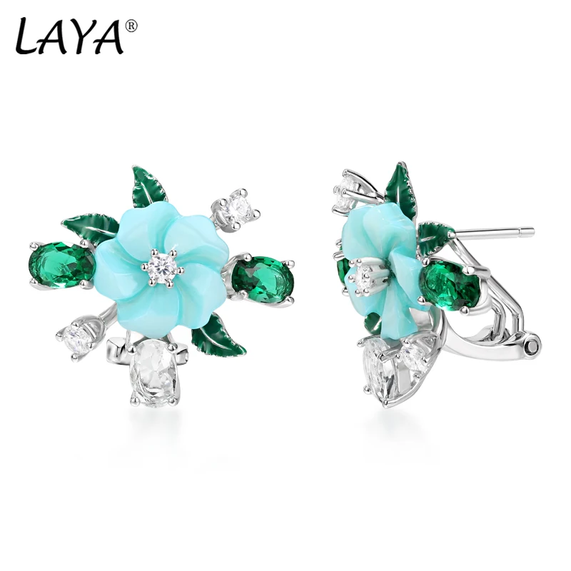 

Laya 925 Sterling Silver Luxury Jewelry Fashion High Quality Zirconium Natural Shell Flower Green Leaf Enamel Earrings For Women