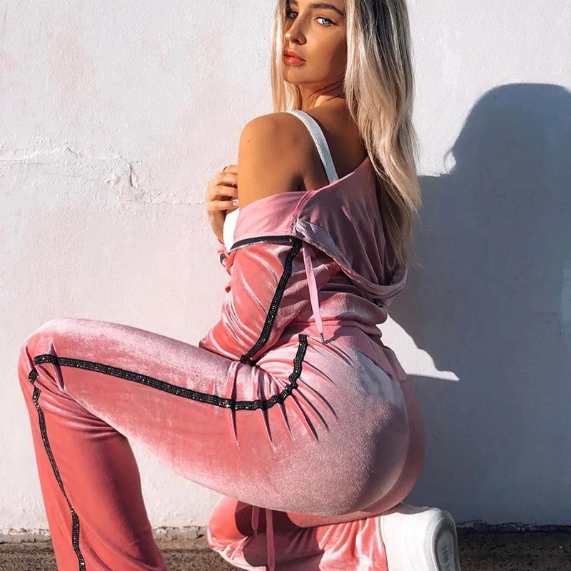 

Fashion Women's Suit New Spring Casual Hooded Collar Solid Color Gold Velvet Zipper Home Plus Size Two-piece Suit Donsignet