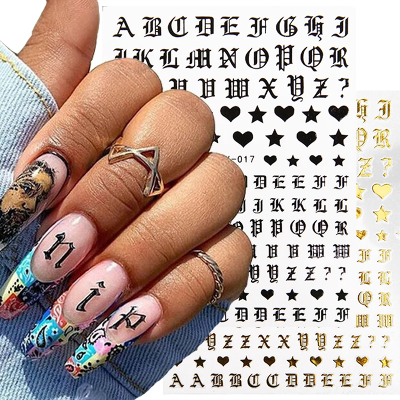 

3D Letter Nail Art Stickers Self Adhesive Laser Gold White Black Letters Decal Sticker DIY Nail Decals Nail Art Decorations