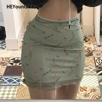 heyoungirl floral print green sweat cute bodycon skirt women double layer mesh summer high waist short skirt streetwear 2021