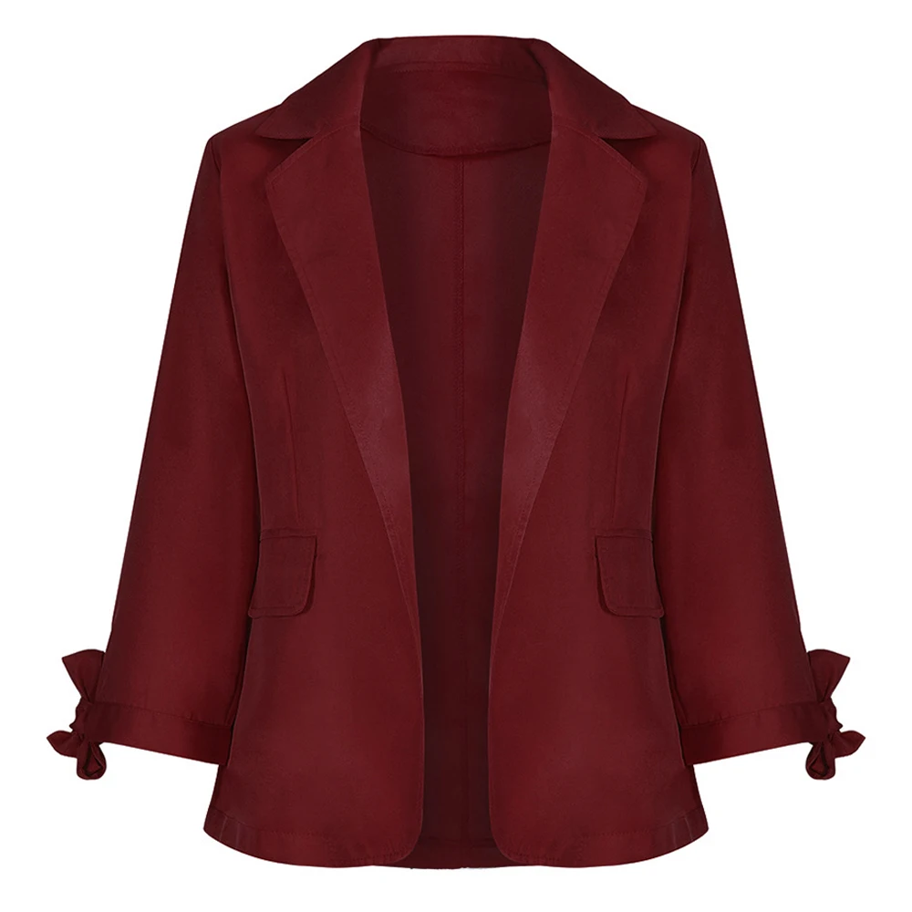 

Autumn Women Cuff Binding Solid Color Lapel Blazer Open Front Quarter Sleeve Pocket Suit Jacket