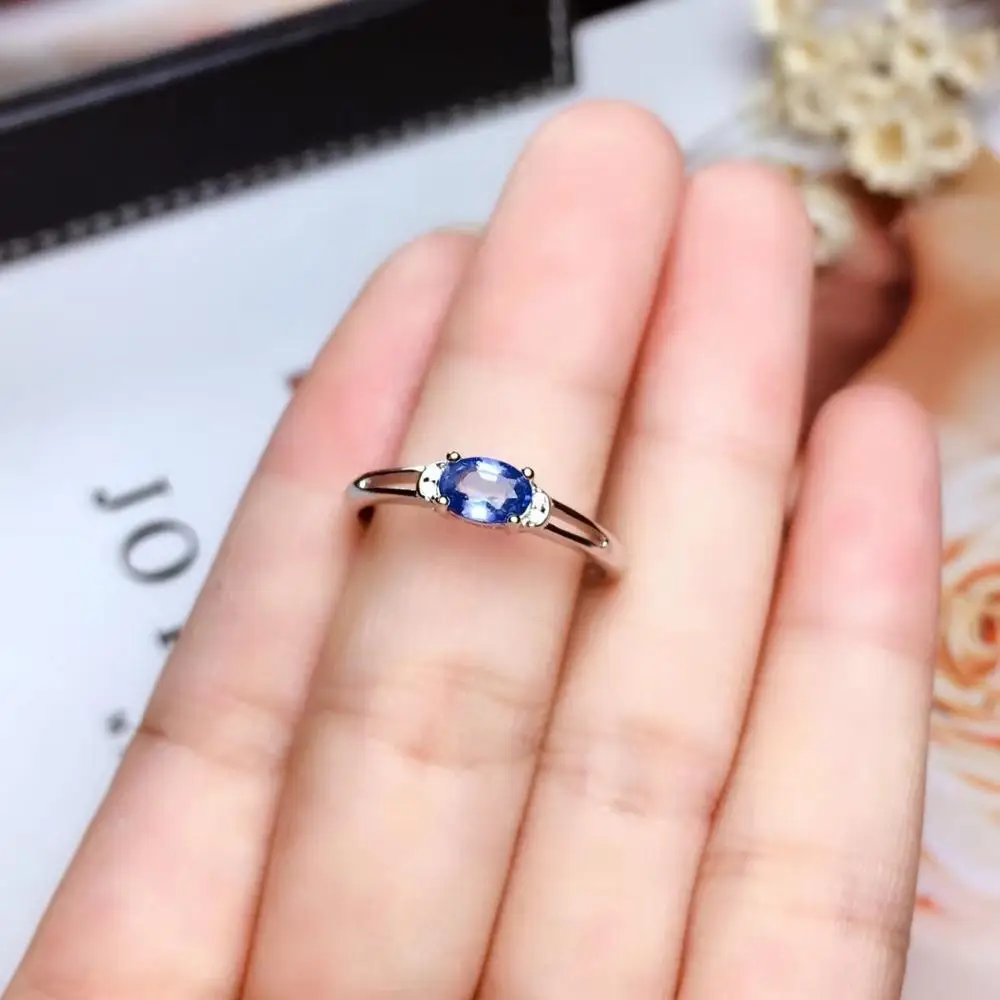 Элегантный Простой вилка круглый натуральный голубой сапфир кольцо с камнем S925