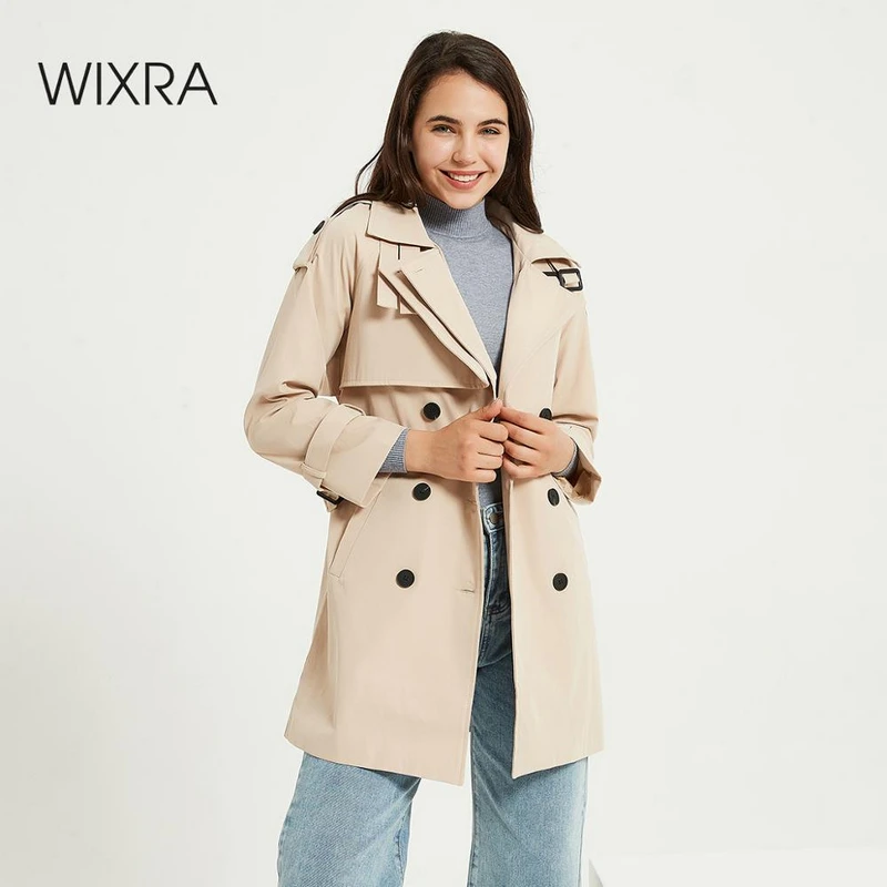 Женский двубортный Тренч Wixra длинное пальто цвета хаки с поясом ветровка верхняя