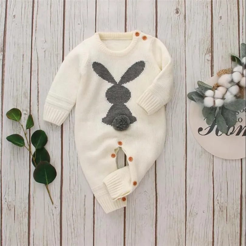 Knitted Baby Romper Girl Autumn Winter Newborn Baby Clothes Rabbit Animal Cotton Baby Boy Romper Infant Baby Jumpsuit For Boy - Color: Beige