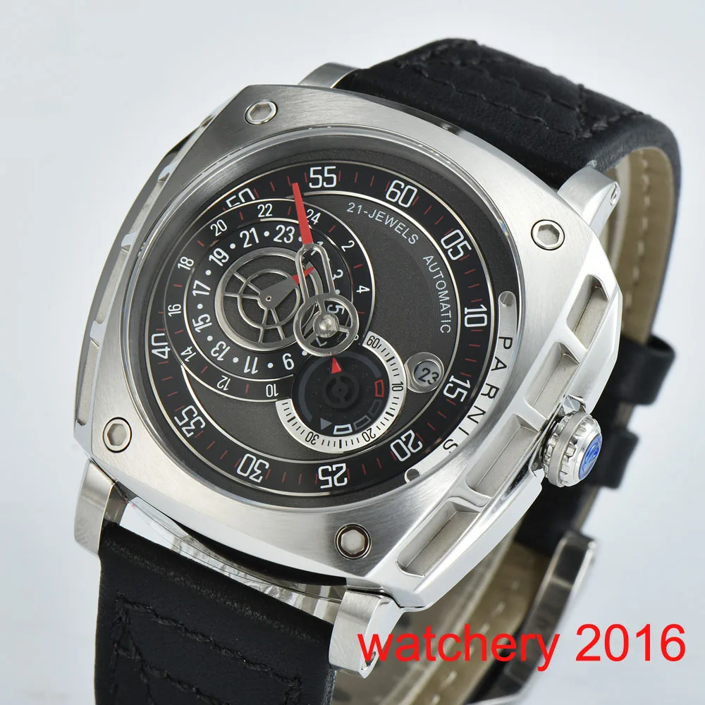 

New Arrival 47.5mm Parnis Square Sapphire Crystal Waterproof Men's Automatic Watch Japan Miyota 8217 Black Dial Leather Band
