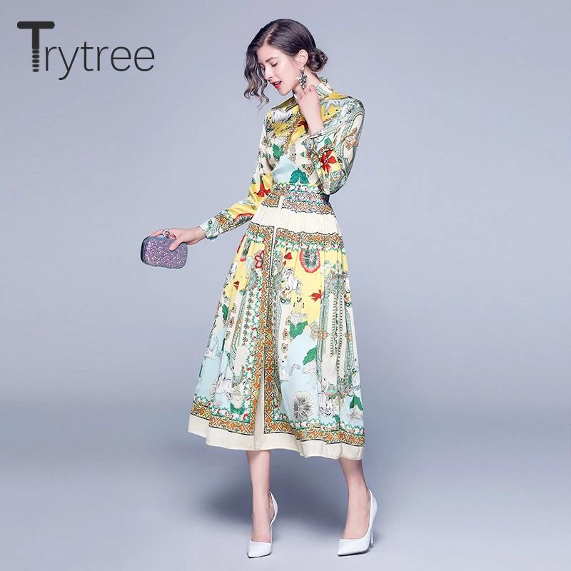 

Женское Повседневное платье Trytree, элегантное офисное платье-трапеция из полиэстера до середины икры с отложным воротником и желтым принтом,...