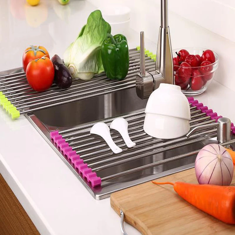 

Roll-up Stainless Dish Drying Rack Sink Drain Rack Shelf Kitchenware Holder Dish Drainer Dryer Tray Kitchen Storage Organizer