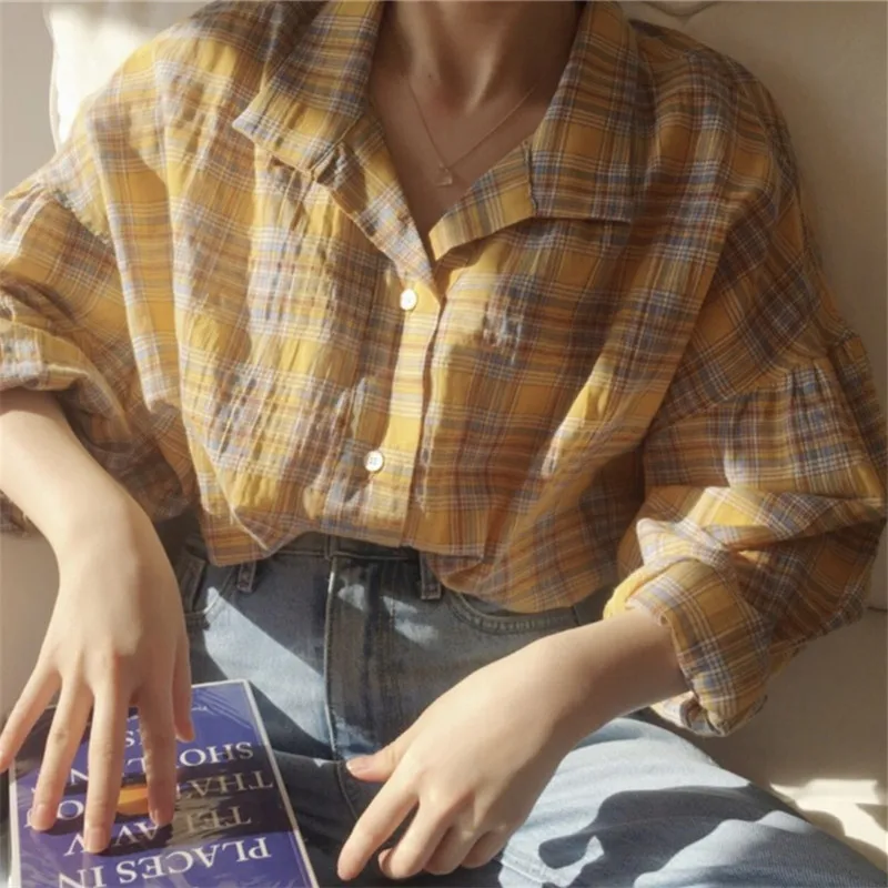 

New yellow Shirt Oversize female Tops Women Long sleeve Linen Cotton Girls Blouse Autumn Plus Size Women Blouses Plaid femme