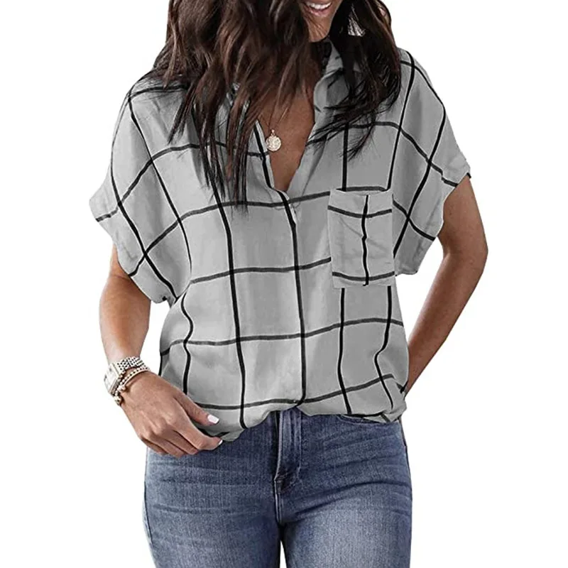 

Large size loose womens blouse summer casual women's shirts tops lapel bat-sleeve lattice women's shirts