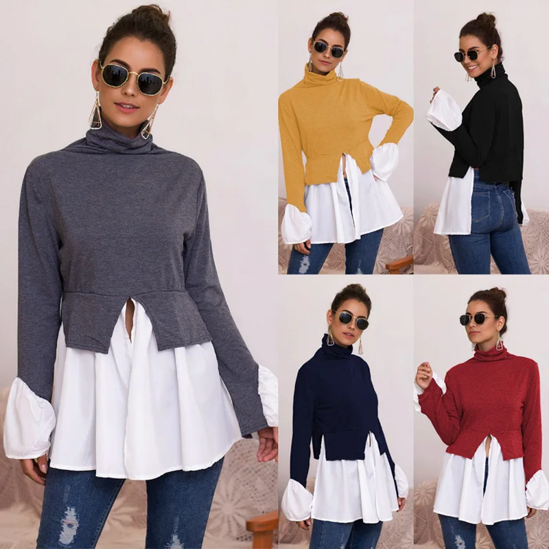 

Turtle Neck Solid Women's Casual Shirts Spring Autumn New Ruffle Patchwork False Two Pieces Shirt Lady Long Sleeve Loose Top