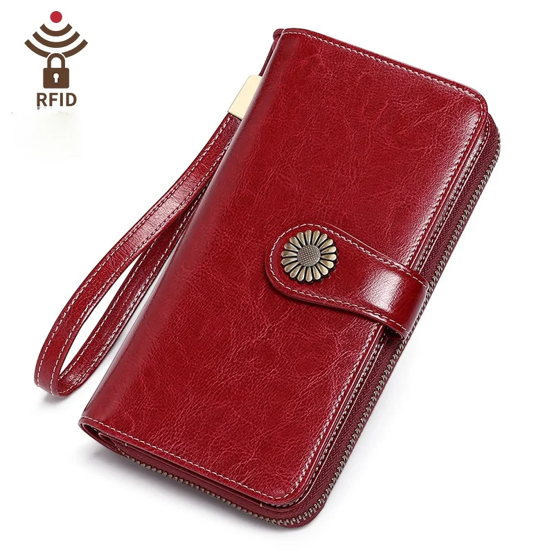 Genuine Leather rfid anti-theft brush ladies wallet long oil waxed leather mobile phone clutch bag cowhide retro purse