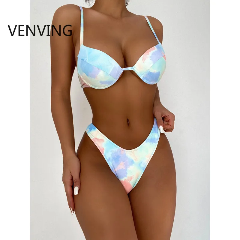 

Summer Beach High Waist Bathing Suit Tie Dye with Sarong Bikini Push Up Swimsuit Female Swimwear Women's Three-pieces Bikini Set