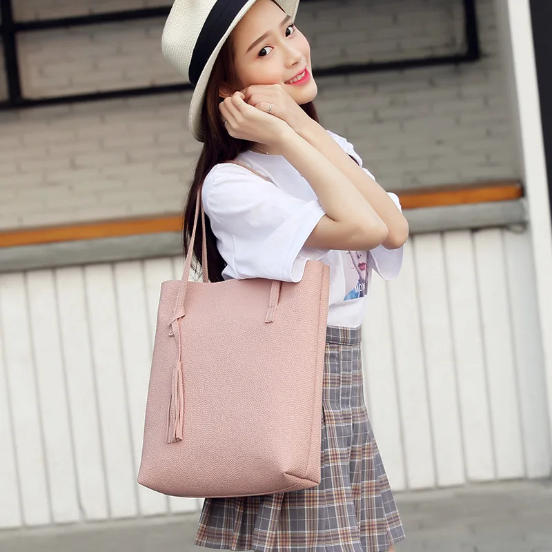 

Women's Handbag PU Leather Shopper Tote Solid Zipper Soft Large Travel Tassel Shoulder Trend 2021 Waterproof Pink Beach Bag
