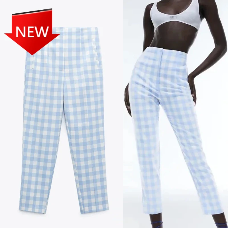 

Pink Checked Trousers High Waist Pants Woman Streetwear Straight Summer Pants Female 2021 Blue Plaid Pants For Women