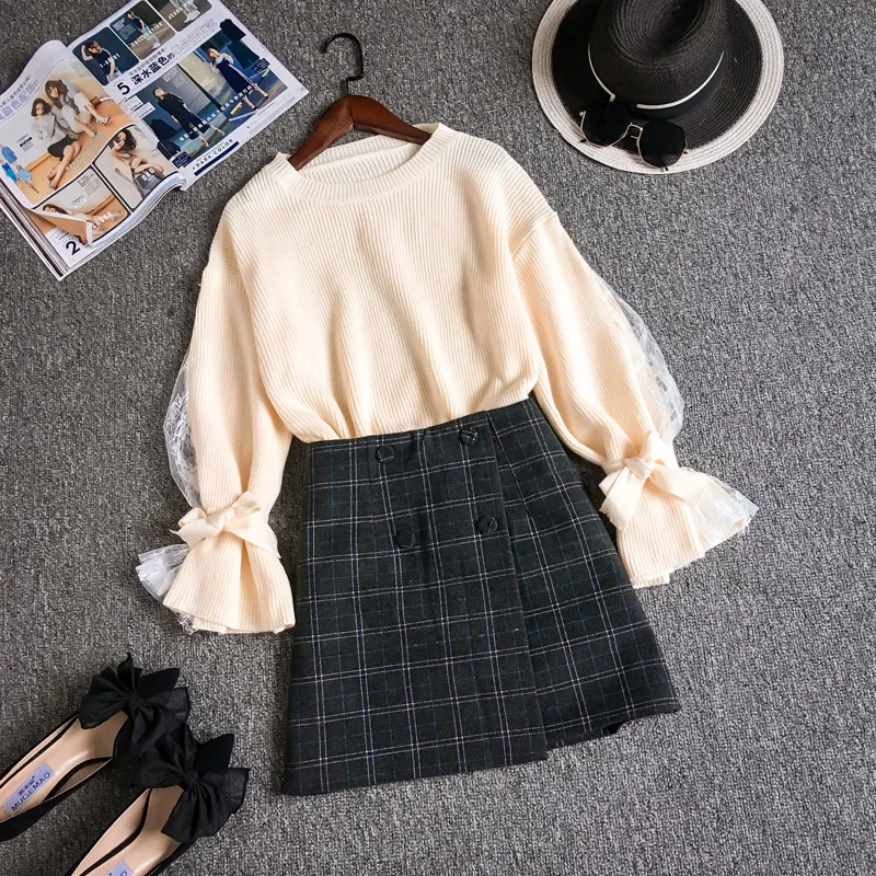 Beige ICHOIX Sweet plaid 2 piece skirt set girl Korean style tops and skirt set S-XL two piece outfits winter women 2 piece set - Цвет: Beige