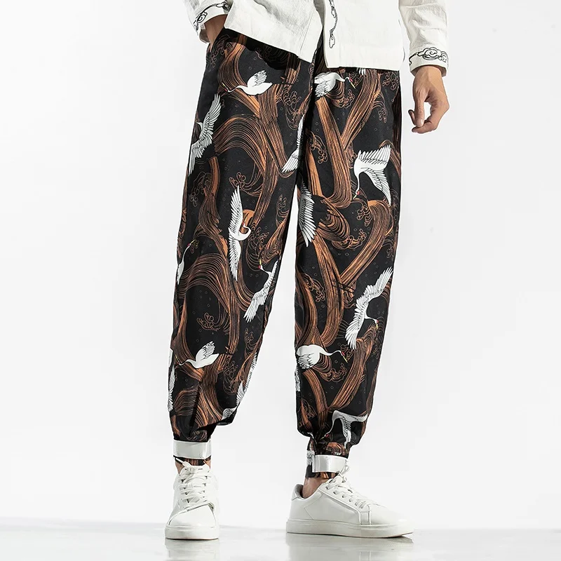 Штаны шаровары в китайском стиле с принтом журавль повседневные свободные