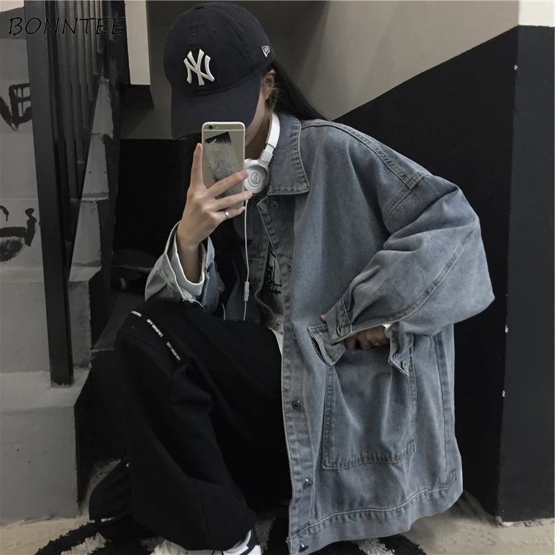 

Jackets Women All-match Denim Loose Streetwear Stylish Y2K Pockets Korean Solid Long-sleeve Office Ulzzang Students Coat Unisex
