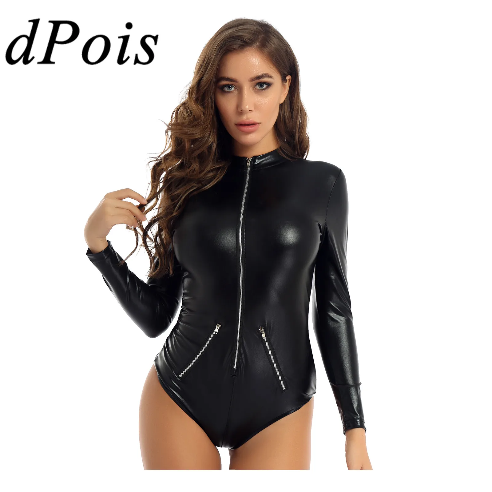 

Женское боди из лакированной кожи на молнии с длинным рукавом