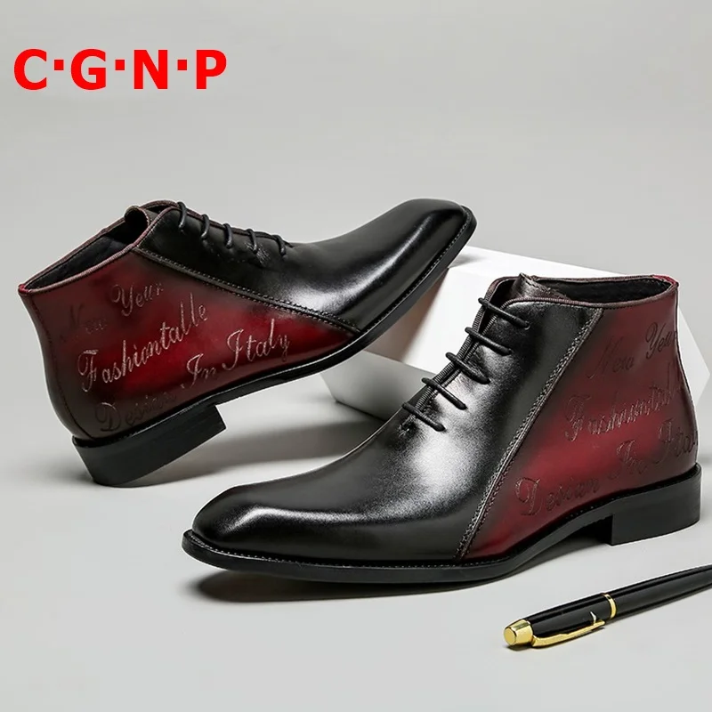 

C·G·N·P Goodyear Formal Shoes New Arrival High-top Genuine Leather Men Dress Shoes Letters Carving Mens Ankle Boots