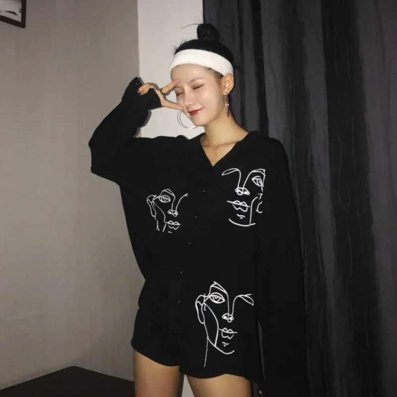 

2019 New Summer Blouse Shirt Female Cotton Face Printing Full Sleeve Long Shirts Women Tops Ladies Clothing