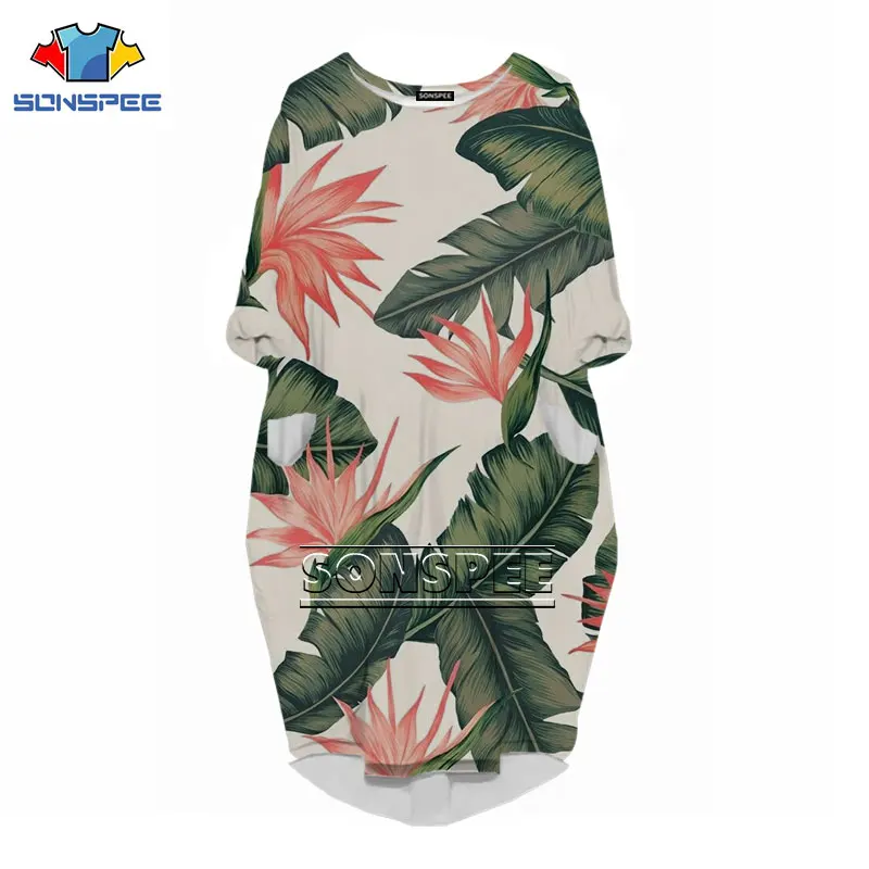 

SONSPEE New 3D Print Hawaiian Style Fashion Sleeve Dress and Versatile Casual Women Fresh Flowers Party Loose Large Size Dresses