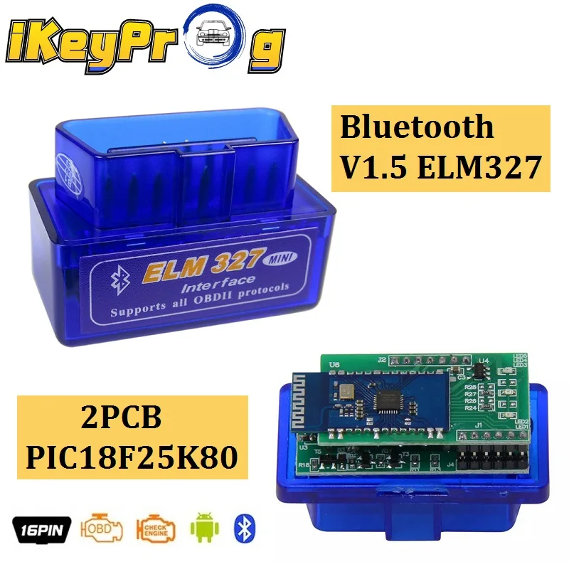 Диагностический сканер OBD2 ELM327 327 с двойной печатной платой Bluetooth V1.5 PIC18F25K80 ELM 1