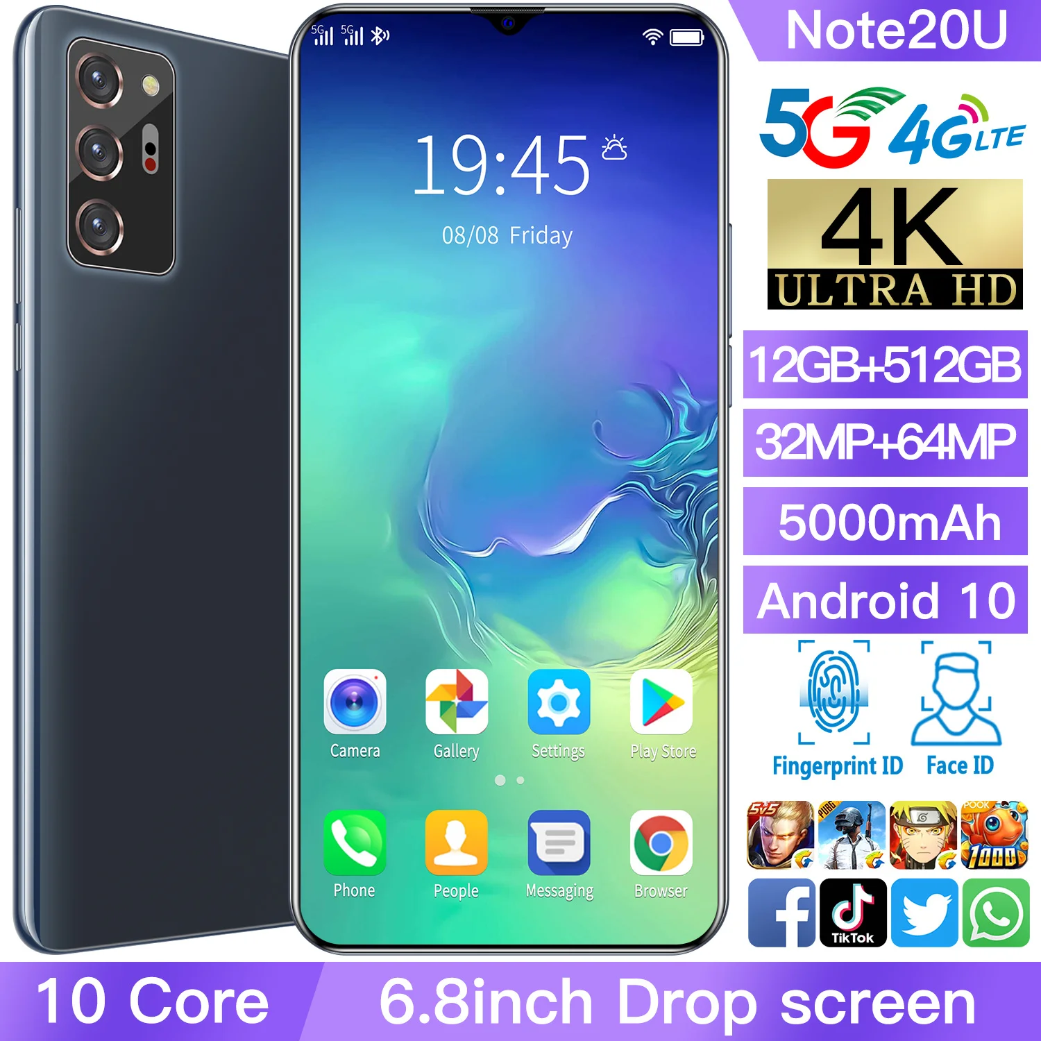 

Note20U+ Smartphone 6.9Inch 4500mah Android 10 Dual SIM 4G 5G 32+64MP HD Camera Face Wake 12+512GB Global Version Network Phone