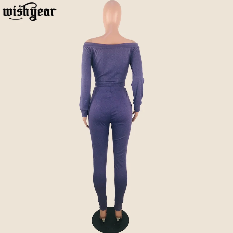 

Winter Women Tracksuits Slash Neck Crop Lace Up Tops+Pencil Pants Solid Two Piece Sets Fashion Casual Sporty SweatSuit