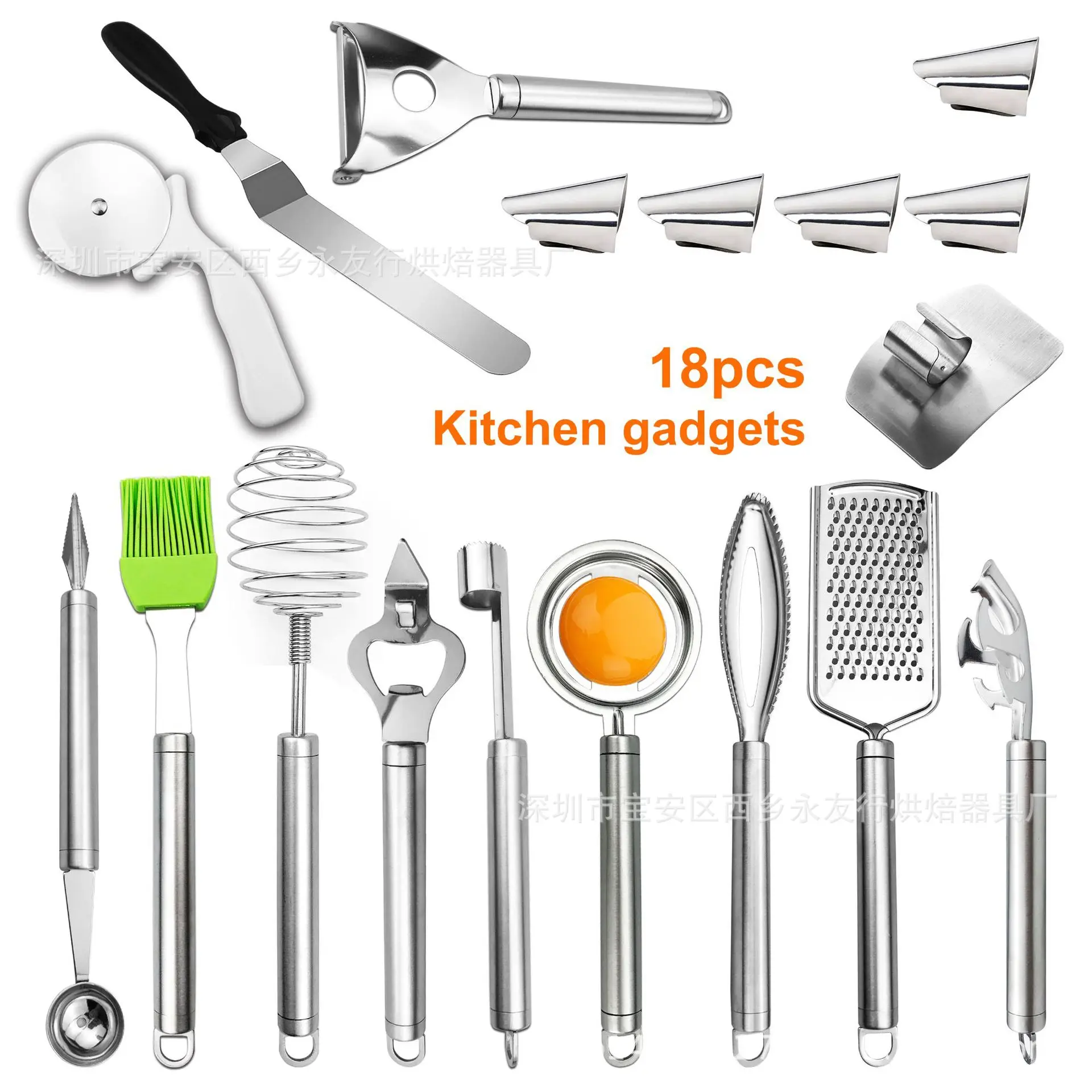 

Kitchen Gadgets 18 Piece Set Stainless Steel Household Appliances Whisk Silicone Oil Whisk Pizza Cutter