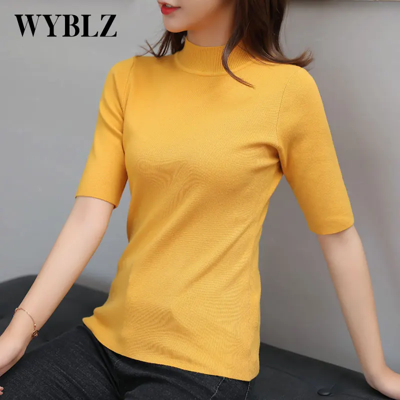 

Women Knitted Bottomed Shirt Spring Autumn Half High Collar Half Sleeve Top Solid Simplicity Fashion Sweater Pullover Women 2021