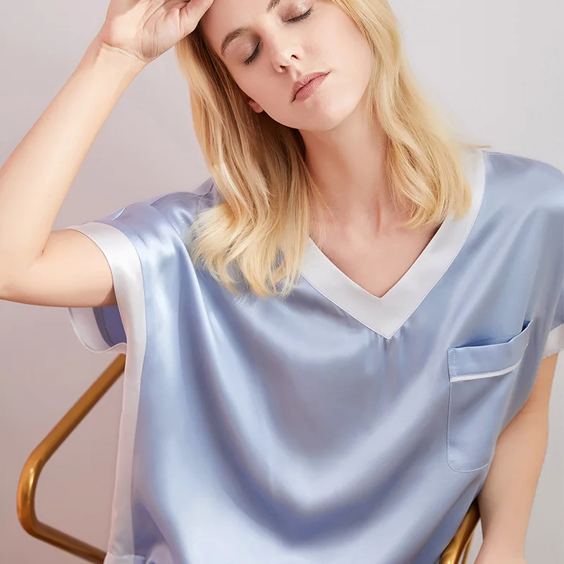Maison Gabrielle 100% Pure Mulberry Silk Pajamas Set 2 Pieces Short Sleeve V Neck Pocket Trimmed 19 Momme Women's Loungewear