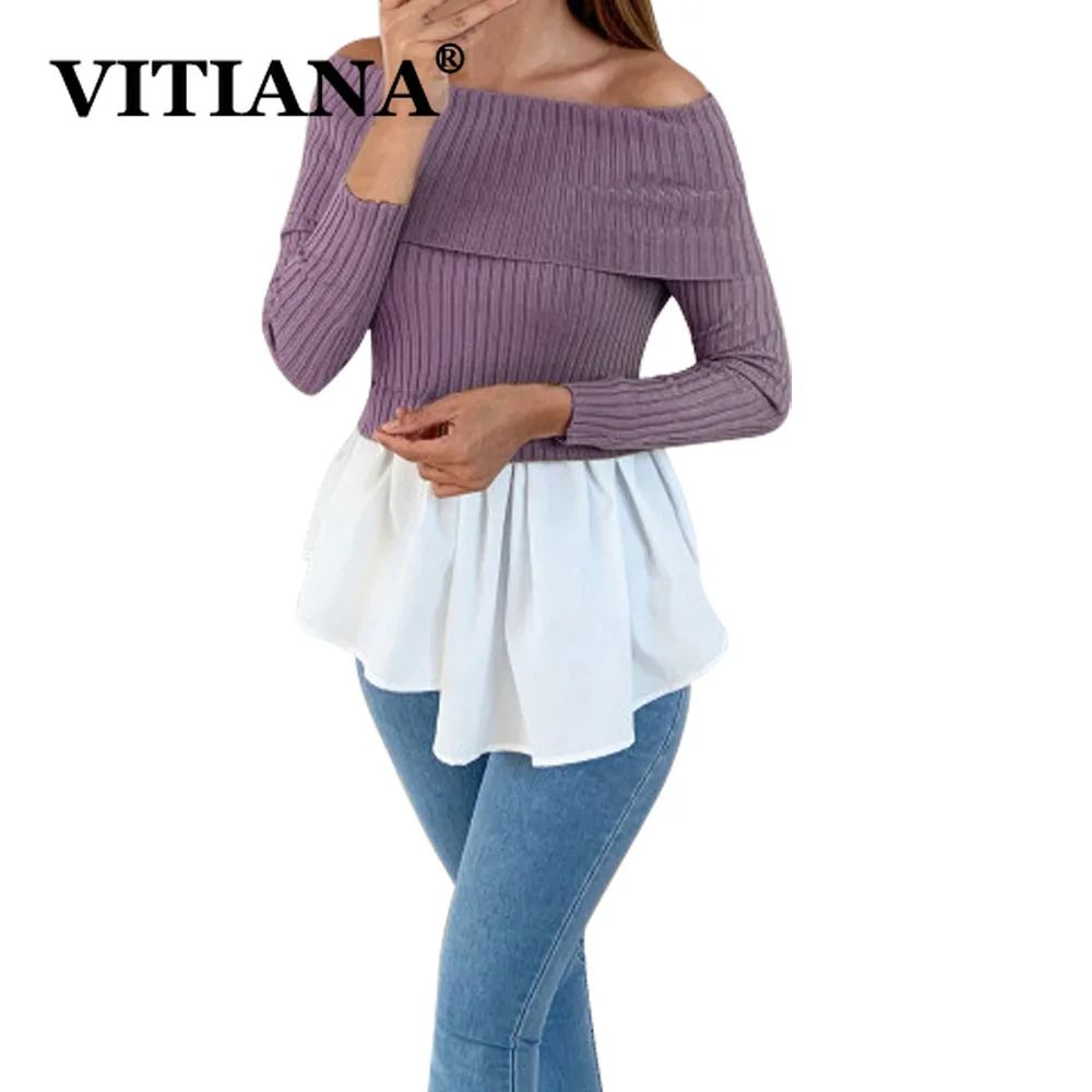 Женский вязаный свитер VITIANA Повседневный пуловер с длинными рукавами и открытыми