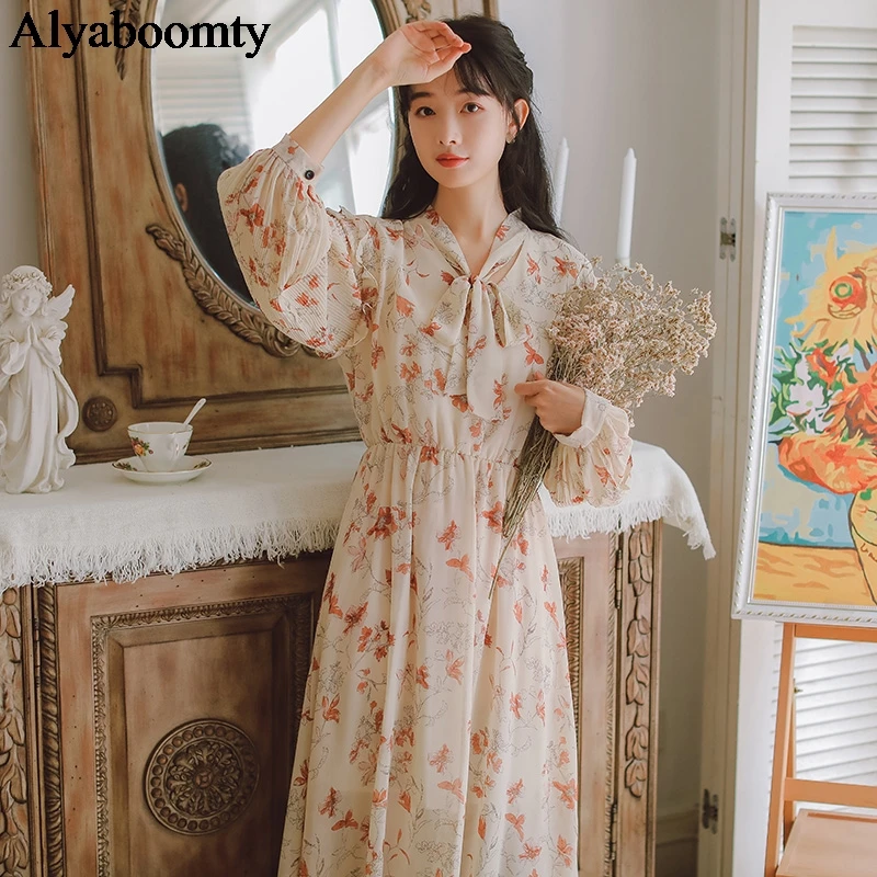 

Mori Girl Autumn Spring Women Floral Chiffon Dress Bow Collar Flowers Printed Elegant Korean Dress Pleated Sleeve Sweet Dresses
